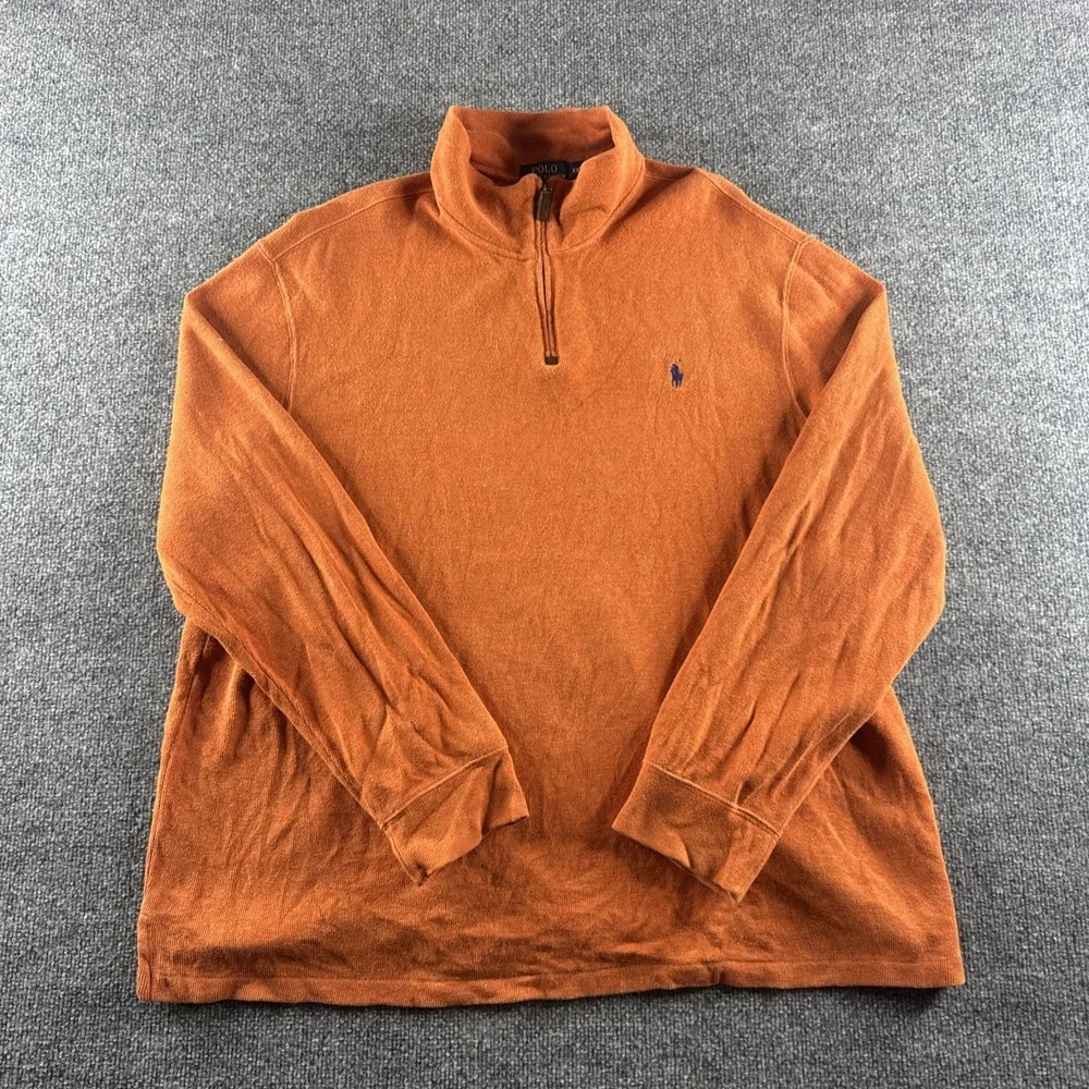 Polo Ralph Lauren Sweater Mens 2XL Orange 1/4 Zip Pullover Mock Neck Preppy